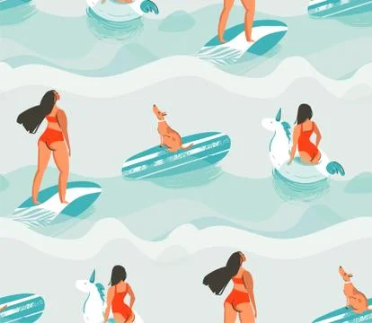 Hand drawn vector abstract fun summer time fabric seamless pattern with surfer Stock Illustration
