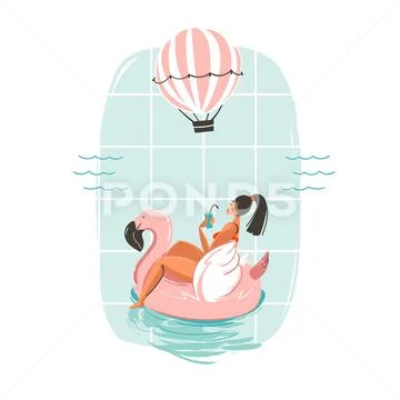 Hand drawn vector abstract fun summer time illustration card with girl swimming Stock Illustration