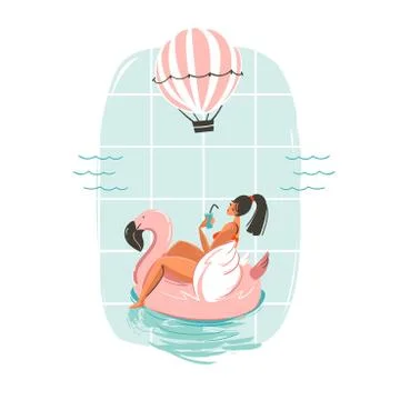 Hand drawn vector abstract fun summer time illustration card with girl swimming イラスト素材