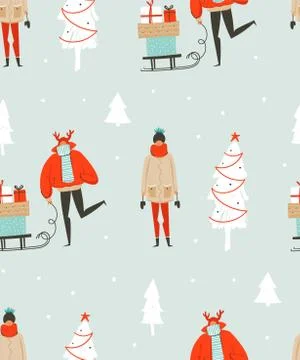 Hand drawn vector abstract fun Merry Christmas time illustration seamless Stock Illustration