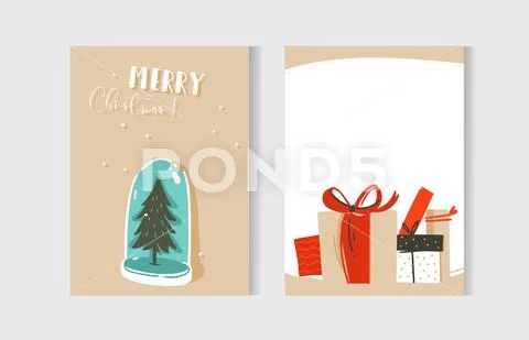 Hand drawn vector abstract fun Merry Christmas time cartoon cards collection set Stock Illustration