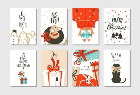 Hand drawn vector abstract fun Merry Christmas time cartoon cards collection set Stock Illustration