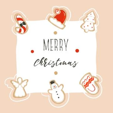 Hand drawn vector abstract fun Merry Christmas time cartoon card template with Stock Illustration