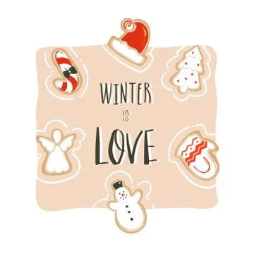 Hand drawn vector abstract fun Merry Christmas time cartoon card template with Stock Illustration