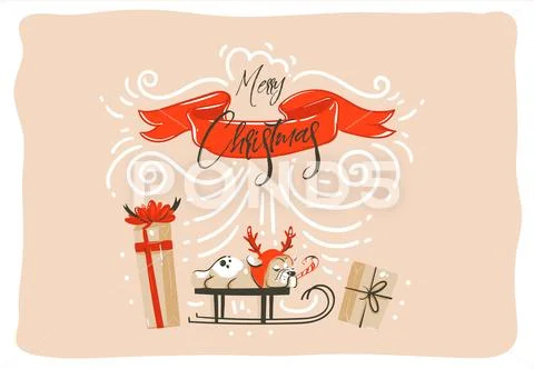 Hand drawn vector abstract fun Merry Christmas time cartoon illustration card Stock Illustration