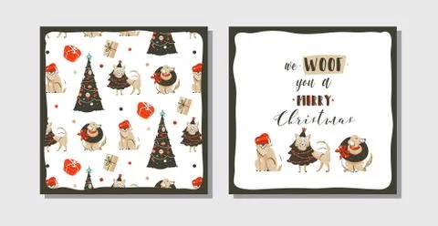 Hand drawn vector abstract fun Merry Christmas time cartoon illustration cards Stock Illustration