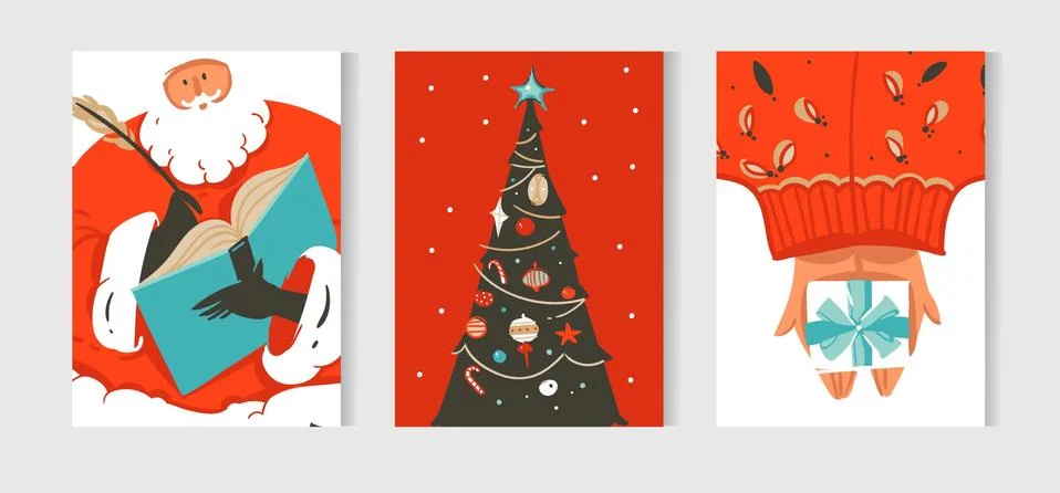 Hand drawn vector abstract fun Merry Christmas time cartoon cards collection set Stock Illustration