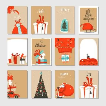 Hand drawn vector abstract fun Merry Christmas time cartoon cards collection set Stock Illustration