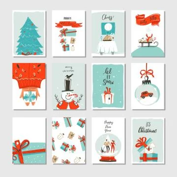Hand drawn vector abstract fun Merry Christmas time cartoon cards collection set Stock Illustration