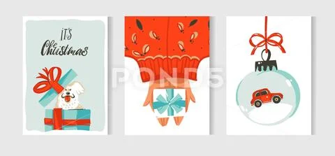 Hand drawn vector abstract fun Merry Christmas time cartoon cards collection set Stock Illustration