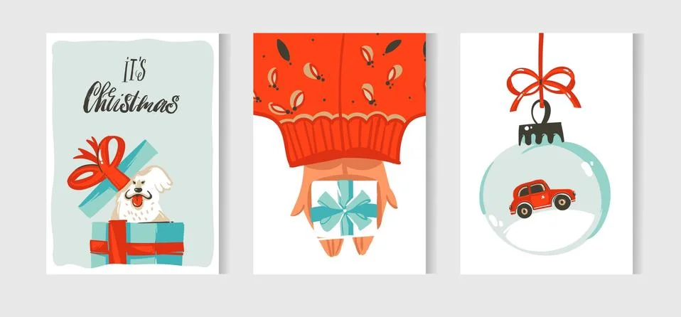 Hand drawn vector abstract fun Merry Christmas time cartoon cards collection set Stock Illustration