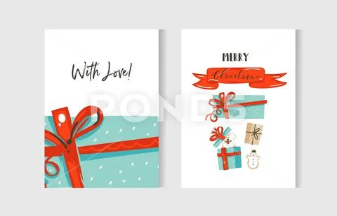 Hand Drawn Vector Abstract Fun Merry Christmas Time Cartoon Cards Collection Set