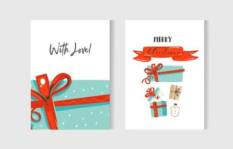 Hand drawn vector abstract fun Merry Christmas time cartoon cards collection set Ilustración de archivo