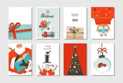 Hand drawn vector abstract fun Merry Christmas time cartoon cards collection set Stock Illustration