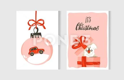 Hand drawn vector abstract fun Merry Christmas time cartoon cards collection set Stock Illustration