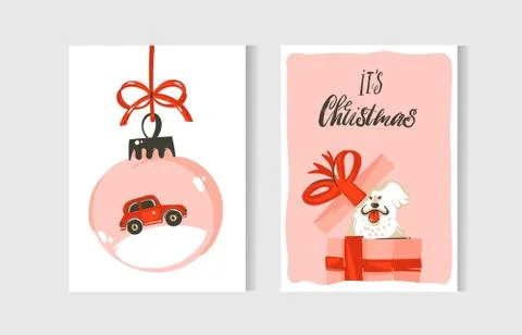 Hand drawn vector abstract fun Merry Christmas time cartoon cards collection set Stock Illustration
