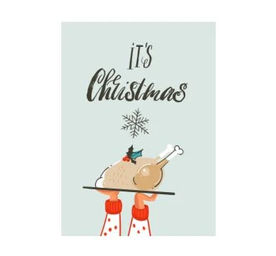 Hand drawn vector abstract fun Merry Christmas time cartoon card with cute Stock Illustration