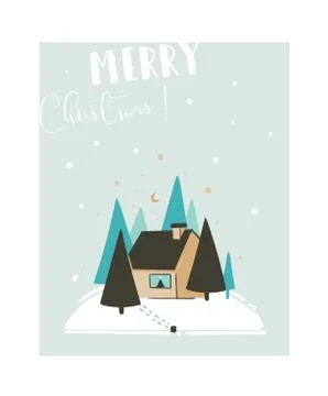 Hand drawn vector abstract fun Merry Christmas time cartoon illustration card Stock Illustration