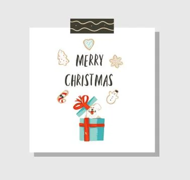 Hand drawn vector abstract fun Merry Christmas time cartoon card template with Stock Illustration