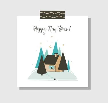 Hand drawn vector abstract fun Merry Christmas time cartoon card template with Stock Illustration