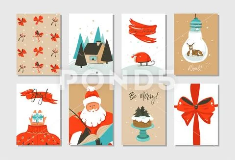 Hand drawn vector abstract fun Merry Christmas time cartoon cards collection set Stock Illustration
