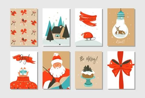 Hand drawn vector abstract fun Merry Christmas time cartoon cards collection set Stock Illustration