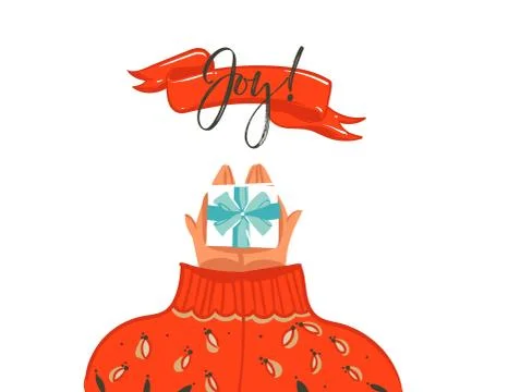 Hand drawn vector abstract fun Merry Christmas time cartoon card poster with Stock Illustration