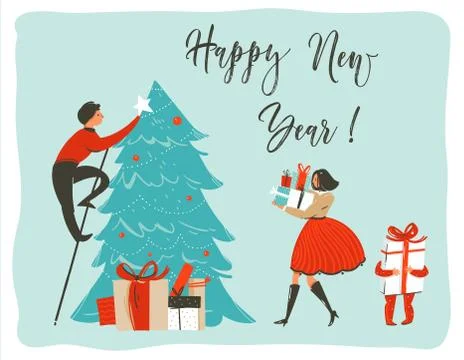 Hand drawn vector abstract fun Merry Christmas time cartoon card poster template Ilustração Stock