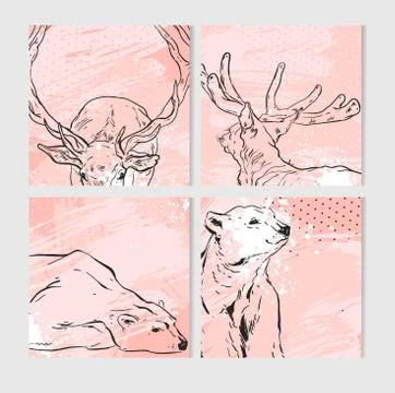 Hand drawn vector abstract fun Merry Christmas time cartoon cards collection set Stock Illustration
