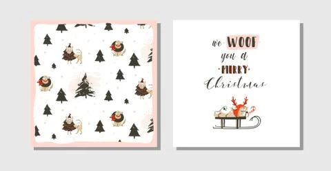 Hand drawn vector abstract fun Merry Christmas time cartoon cards collection set Stock Illustration