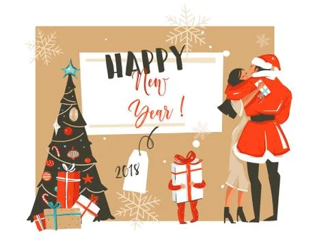 Hand drawn vector abstract fun Happy New Year 2018 time cartoon illustration Stock Illustration