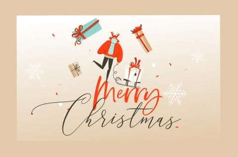 Hand drawn vector abstract fun Merry Christmas time cartoon illustrations Stock Illustration