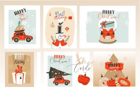 Hand drawn vector abstract fun Merry Christmas time cartoon illustrations Stock Illustration