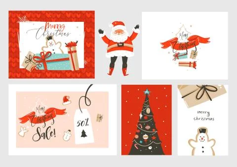 Hand drawn vector abstract fun Merry Christmas time cartoon illustrations Stock Illustration