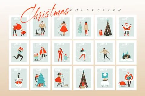 Hand drawn vector abstract fun Merry Christmas time cartoon illustrations Stock Illustration