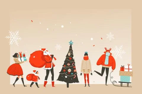 Hand drawn vector abstract fun Merry Christmas time cartoon illustrations Stock Illustration