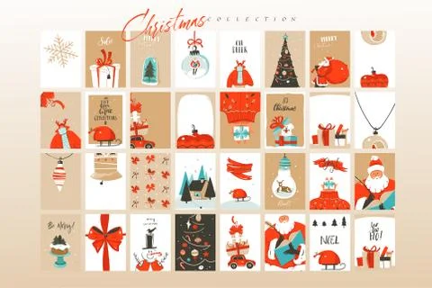 Hand drawn vector abstract fun Merry Christmas time cartoon illustrations Stock Illustration