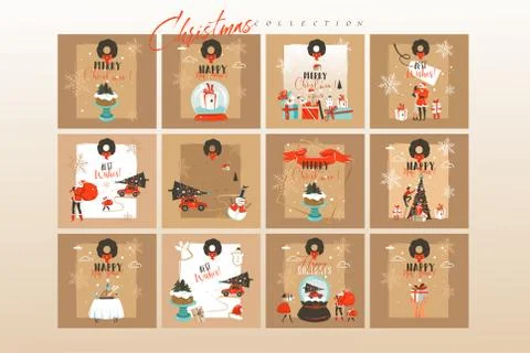Hand drawn vector abstract fun Merry Christmas time cartoon illustrations Stock Illustration