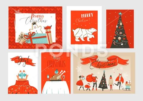 Hand drawn vector abstract fun Merry Christmas time cartoon illustrations Stock Illustration