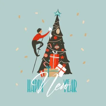 Hand drawn vector abstract fun Merry Christmas and Happy New Year time cartoon 스톡 일러스트