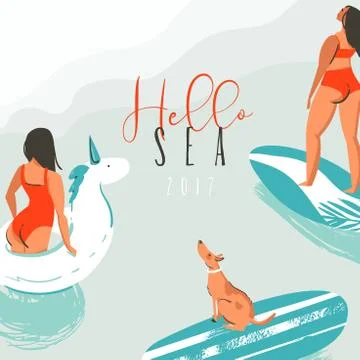 Hand drawn vector abstract fun summer time illustration card with surfer girls Stock Illustration