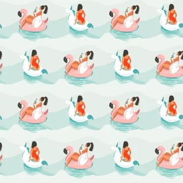 Hand drawn vector abstract fun summer time illustration seamless pattern with Stock Illustration