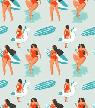 Hand drawn vector abstract fun summer time fun illustration seamless pattern Stock Illustration