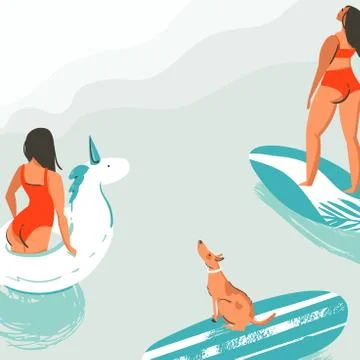 Hand drawn vector abstract fun summer time illustration card with surfer girls Stock Illustration
