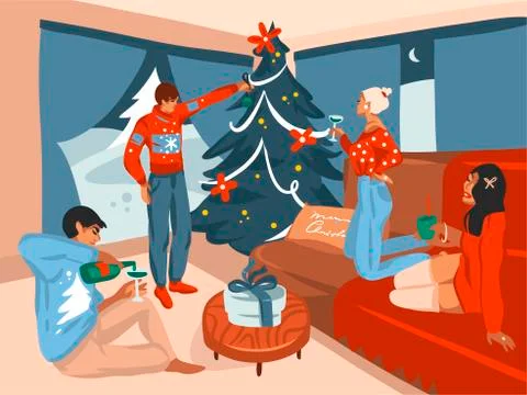 Hand drawn vector abstract fun stock flat Merry Christmas,and Happy New Year Illustrazione stock