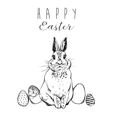 Hand drawn vector abstract funny lined poster with realistic rabbit,Easter eggs Stock Illustration
