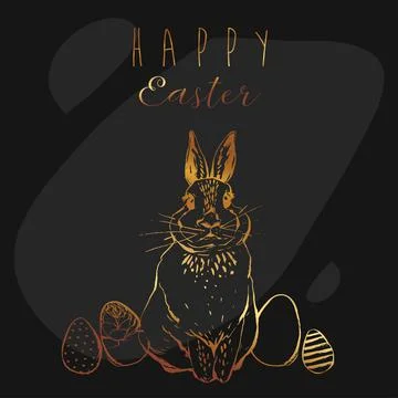 Hand drawn vector abstract funny poster with realistic rabbit,Easter eggs and Stock Illustration