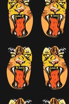 Hand drawn vector abstract graphic drawing seamless pattern of anger tiger face Stock Illustration