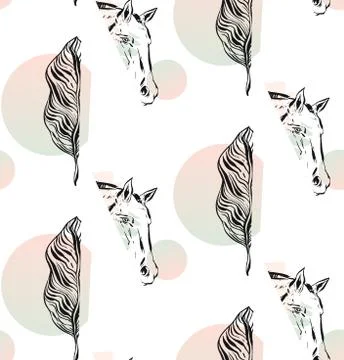 Hand drawn vector abstract graphic seamless pattern with horse head and tropical Stock Illustration