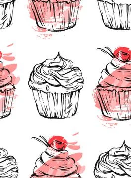 Hand drawn vector abstract graphic delicious seamless pattern with cupcakes in Stock Illustration